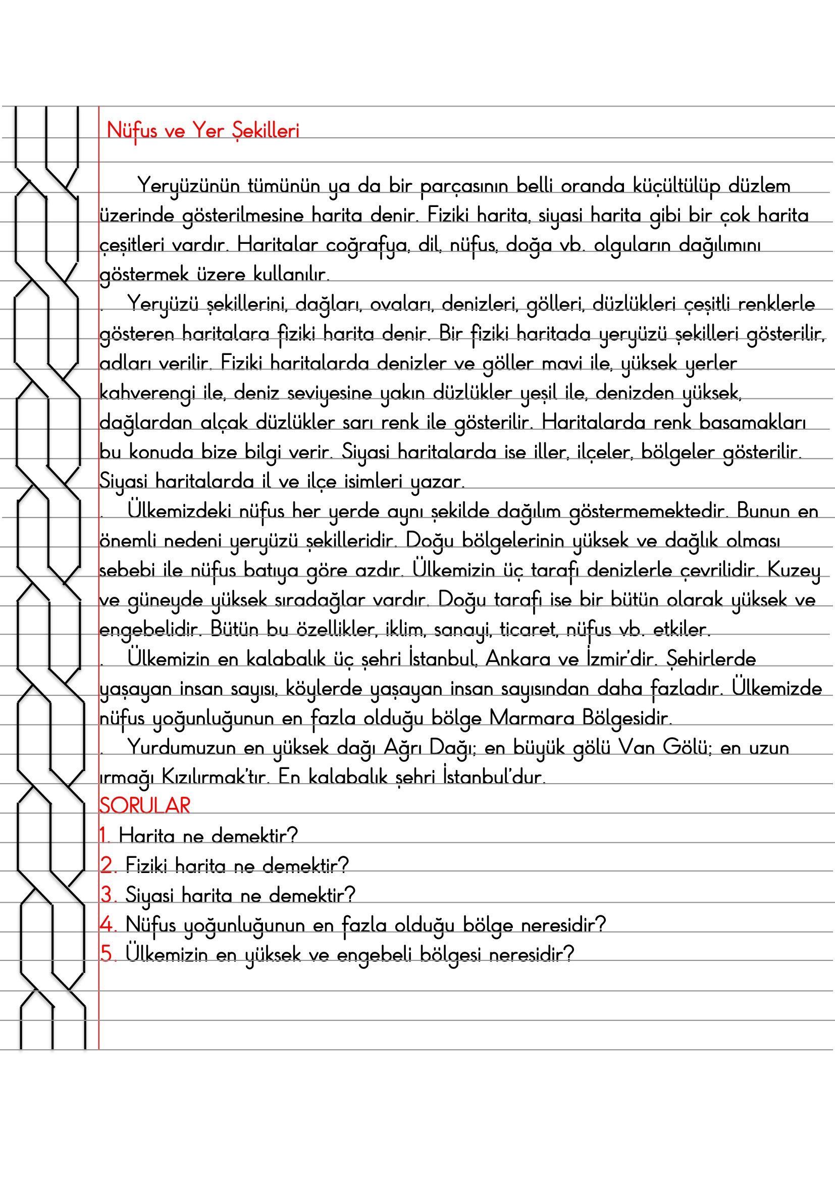 4.Sınıf - Sosyal Bilgiler - Nüfus ve Yer Şekilleri Defter Özeti