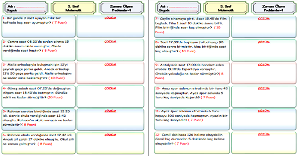 3.Sınıf Matematik Zamanı Ölçme Problemleri-1