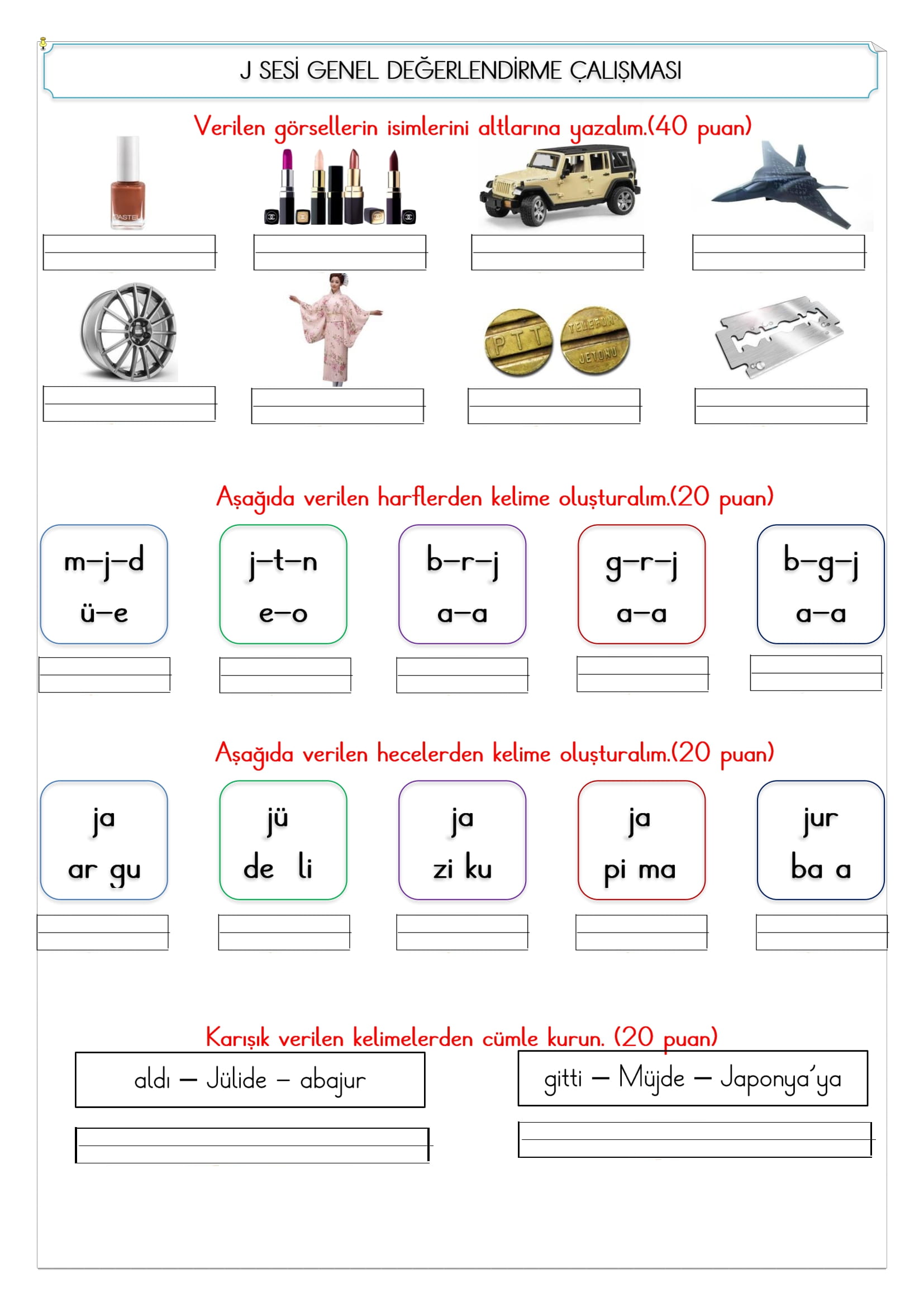 1.Sınıf İlk Okuma Yazma J Sesi Değerlendirme Çalışması 2