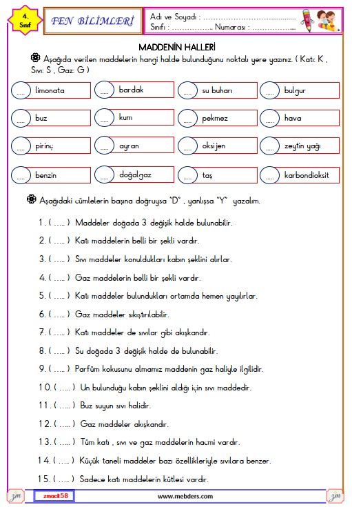 4. Sınıf Fen Bilimleri Maddenin Halleri Etkinliği