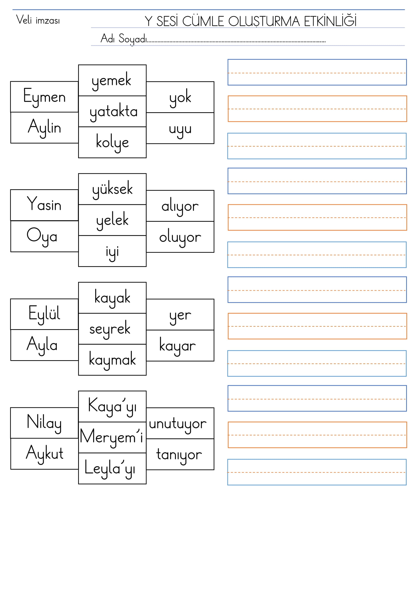 1. Sınıf İlk Okuma Yazma Y Sesi Cümle Oluşturma Etkinliği