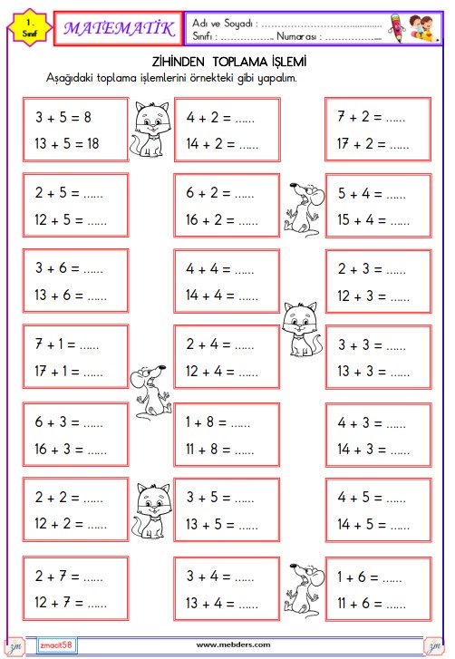 1. Sınıf Matematik Zihinden Toplama İşlemi Etkinliği 5