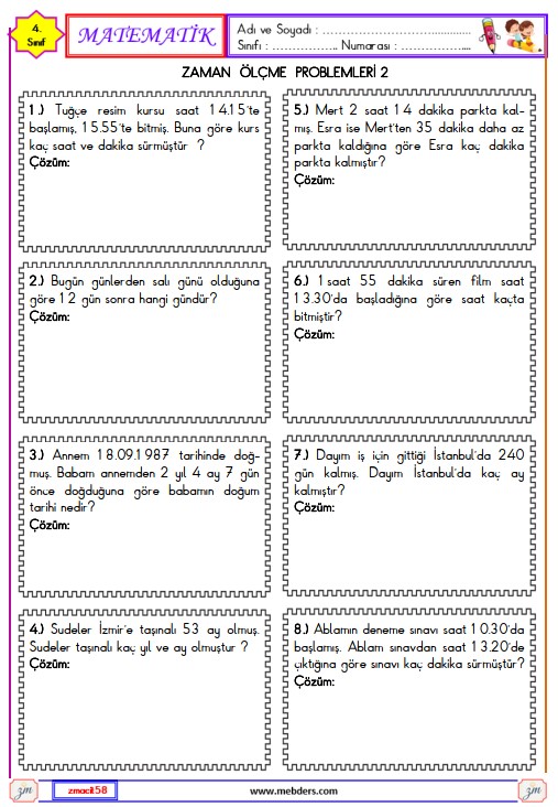 4. Sınıf Matematik Zaman Ölçme Problemleri Etkinliği 9