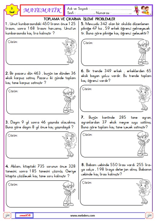 3. Sınıf Matematik Toplama ve Çıkarma İşlemi Problemleri Etkinliği 4