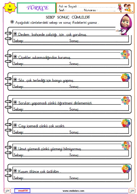 3. Sınıf Türkçe Sebep Sonuç Cümleleri Etkinliği 5