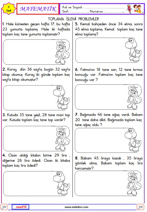 2. Sınıf Matematik Toplama İşlemi Problemleri Etkinliği 1