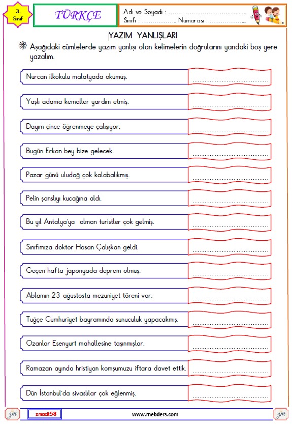 3. Sınıf Türkçe Yazım Yanlışları Etkinliği 3