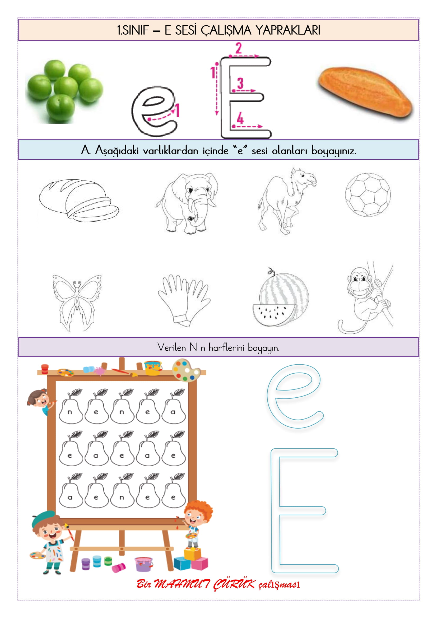 1.Sınıf İlk Okuma Yazma  (E-e Sesi) Çalışma Yaprakları