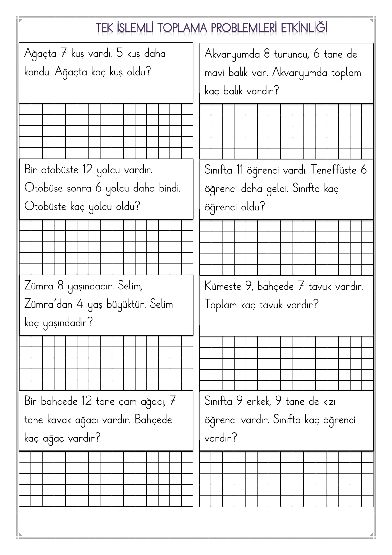 1.Sınıf Matematik Tek İşlemli Toplama Problemleri Etkinliği