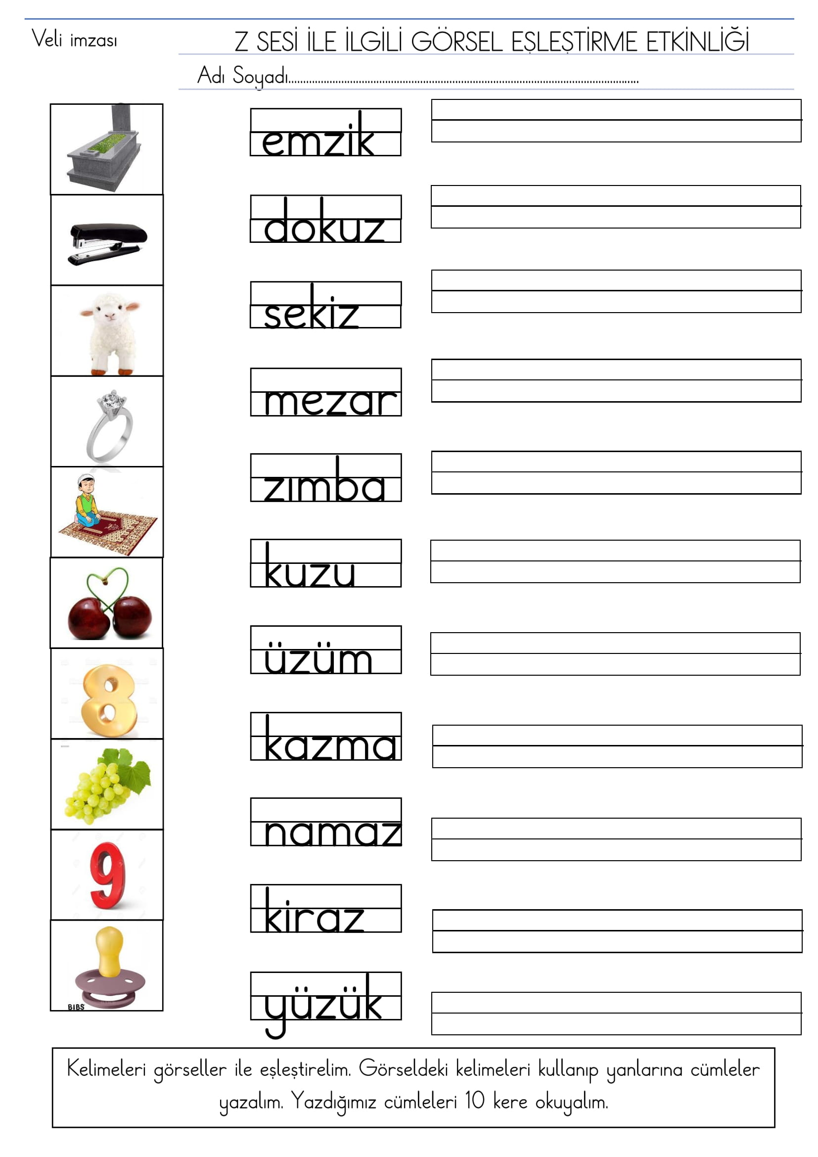 1.Sınıf İlk Okuma Yazma Z Sesi Görsel Eşleştirme Etkinliği