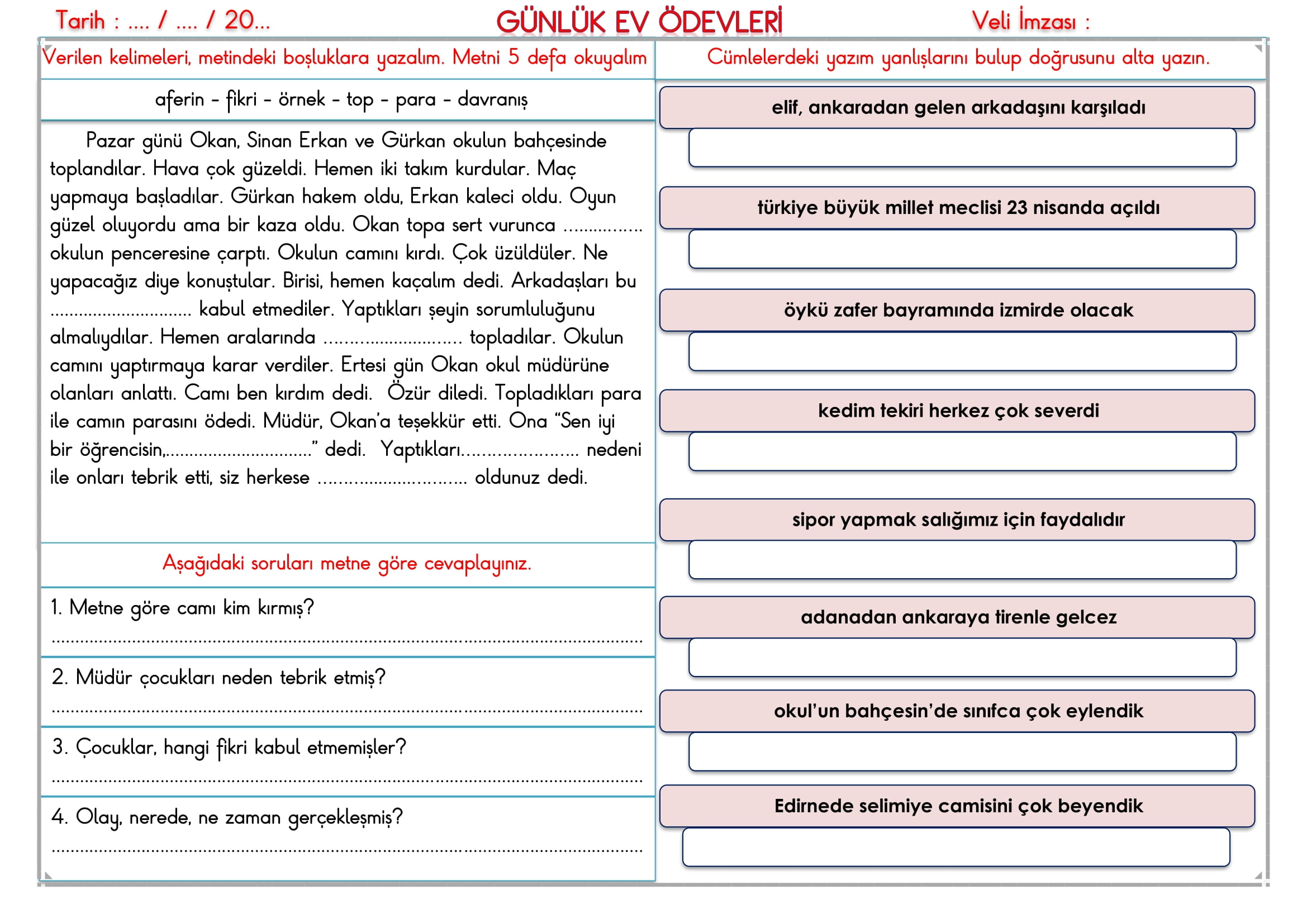 2. Sınıf 05 Kasım 2024 Günlük Ev Ödevi