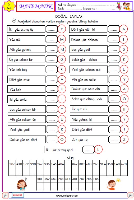 3. Sınıf Matematik Doğal Sayıları Okuma ve Yazma Etkinliği 6