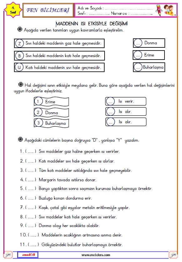 4. Sınıf Fen Bilimleri Maddenin Isı Etkisiyle Değişimi Etkinliği 2