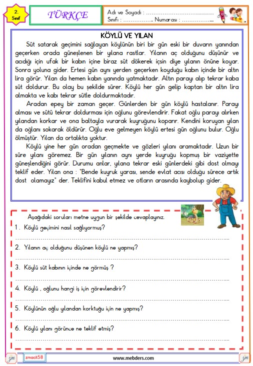 2. Sınıf Türkçe Okuma ve Anlama Metni Etkinliği (Köylü ve Yılan) 5