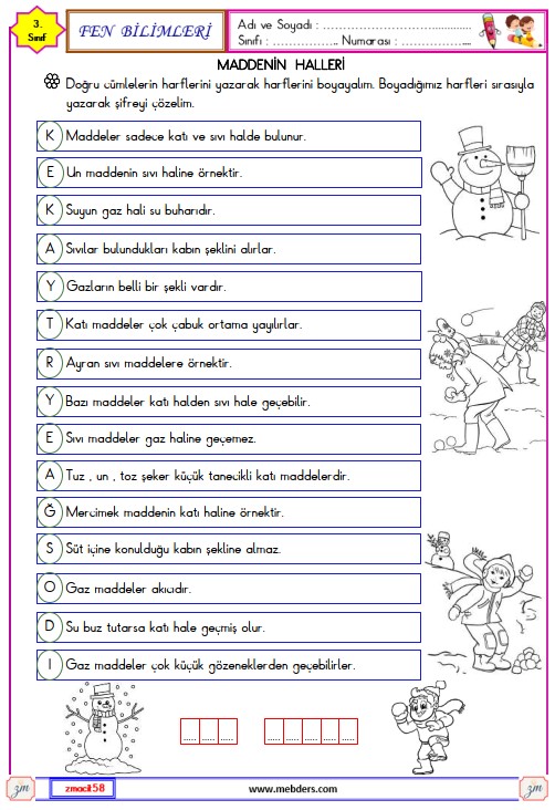 3. Sınıf Fen Bilimleri Maddenin Halleri  Etkinliği 4