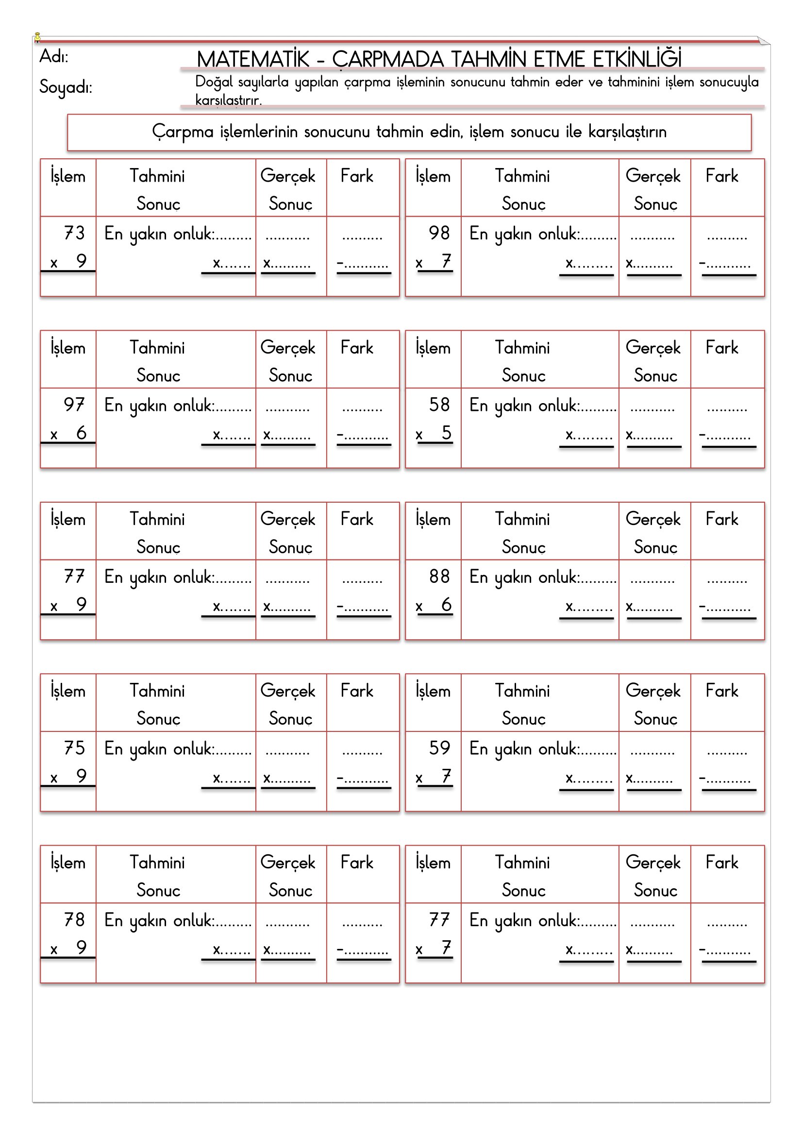 4.Sınıf - Matematik - Çarpmada Tahmin Etme Etkinliği