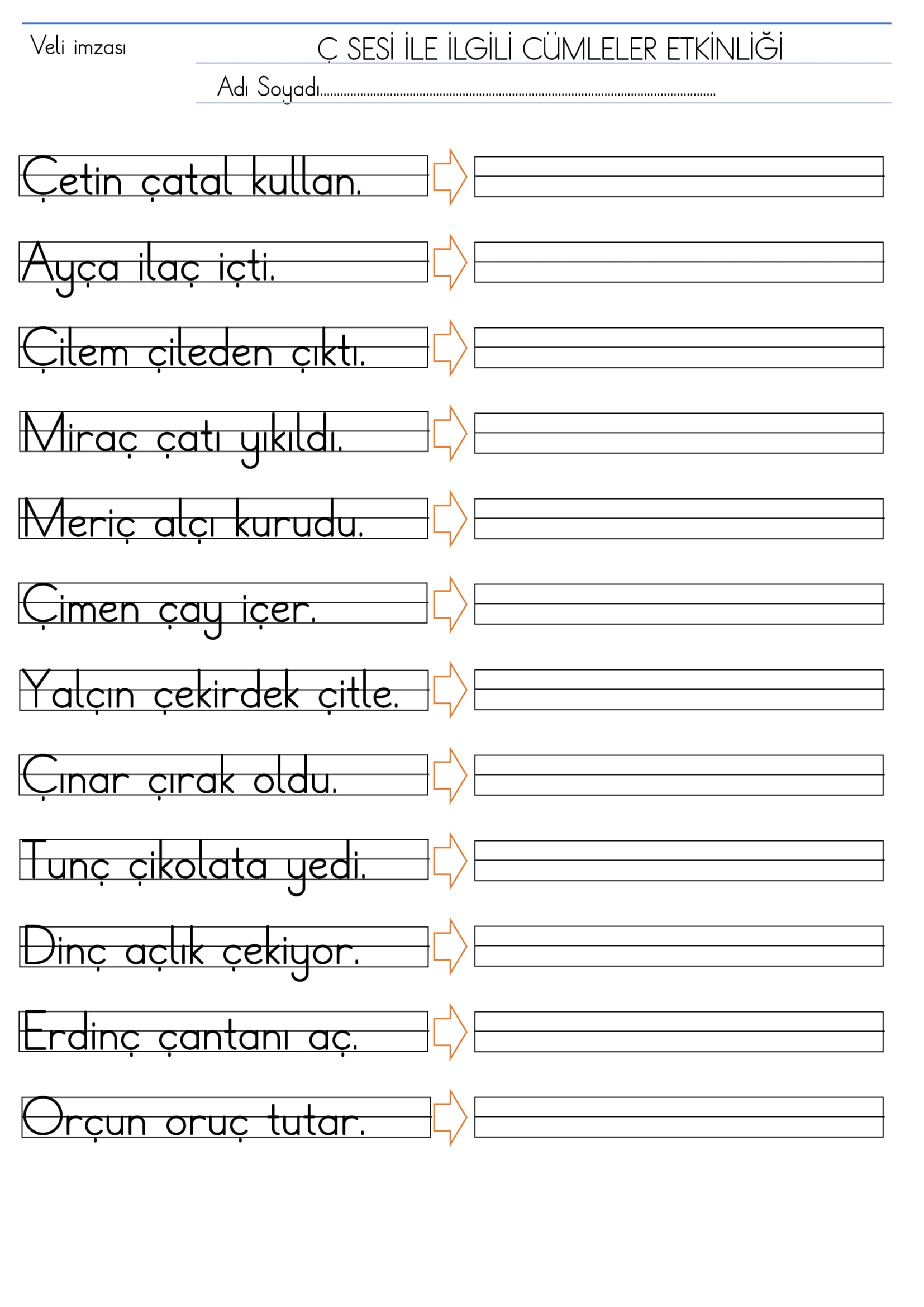 1.Sınıf İlk Okuma Yazma Ç Sesi Cümleler Etkinliği