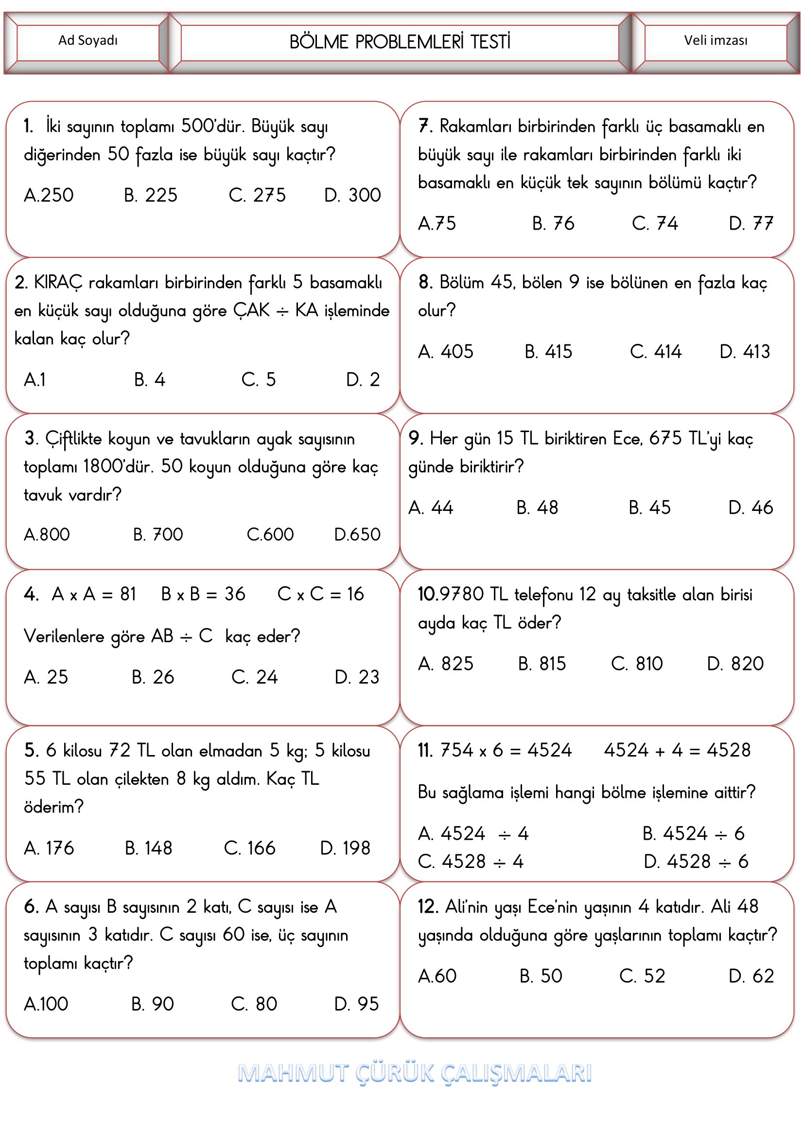 4.Sınıf - Matematik Bölme Problemleri Testi