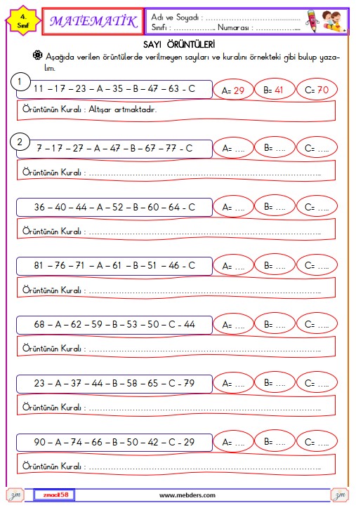 4. Sınıf Matematik Sayı Örüntüleri Etkinliği 1