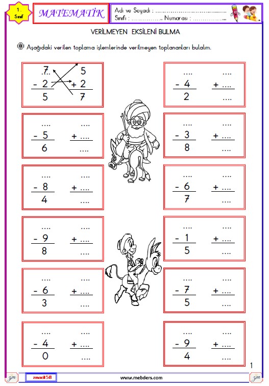 1. Sınıf Matematik Verilmeyen Eksileni Bulma Etkinliği 3