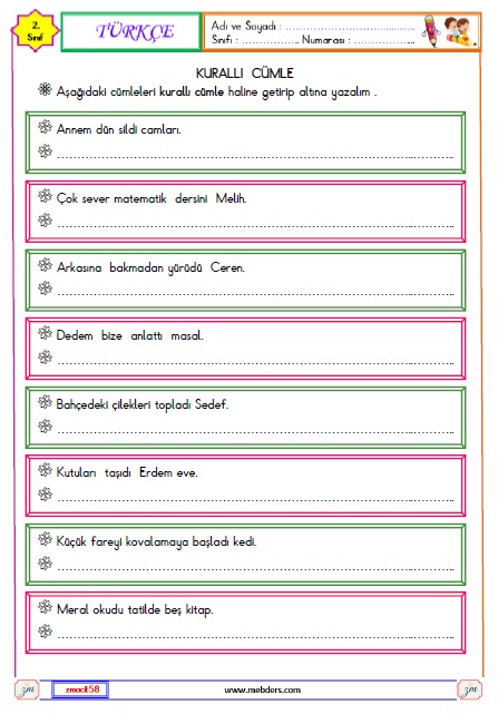 2. Sınıf Türkçe Kurallı Cümle Etkinliği