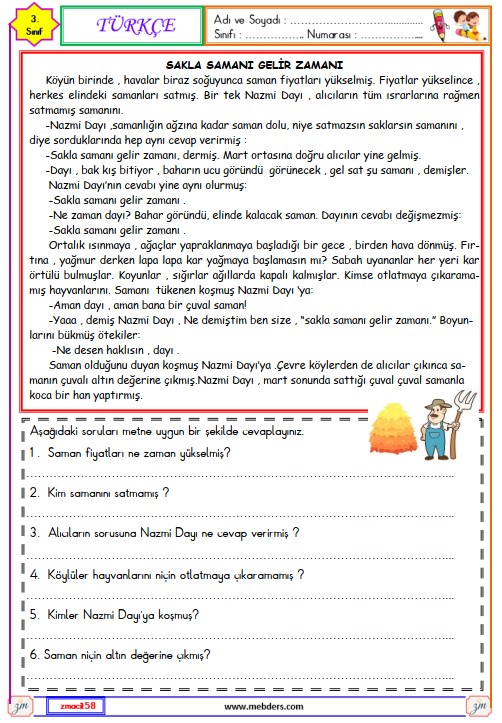 3. Sınıf Türkçe Okuma ve Anlama Metni Etkinliği (Sakla Samanı Gelir Zamanı) 2