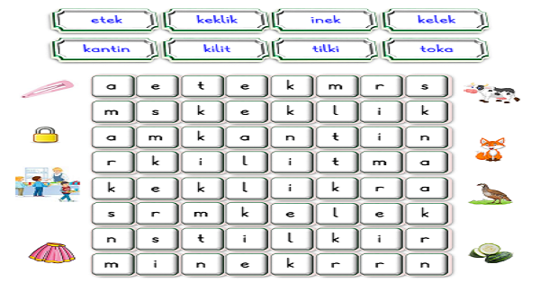 1. Sınıf İlk Okuma Yazma ( K-k Sesi ) Kelime Bulmaca