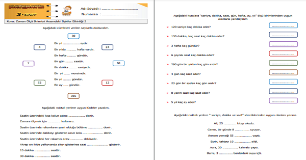 3.Sınıf Matematik Zaman Ölçü Birimleri Arasındaki İlişkiler Etkinliği 2