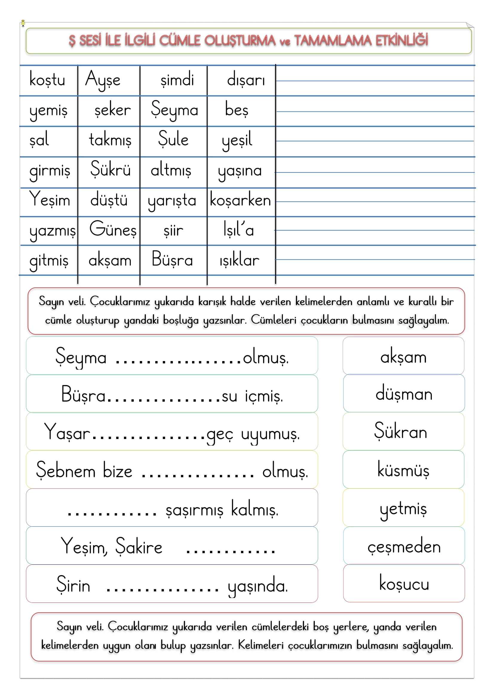 1.Sınıf Ş Sesi Cümle Oluşturma ve Tamamlama Etkinliği