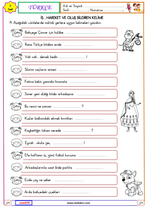 2. Sınıf Türkçe Cümlede Eylem Etkinliği