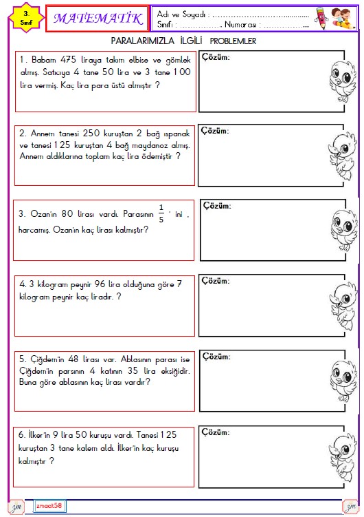 3. Sınıf Matematik Paralarımızla İlgili Problemler Etkinliği 8