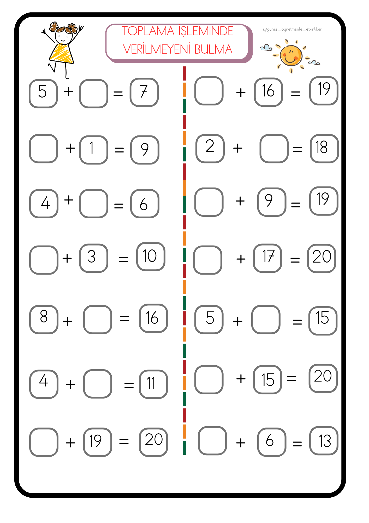 1.Sınıf Matematik Toplama İşleminde Verilmeyeni Bulma