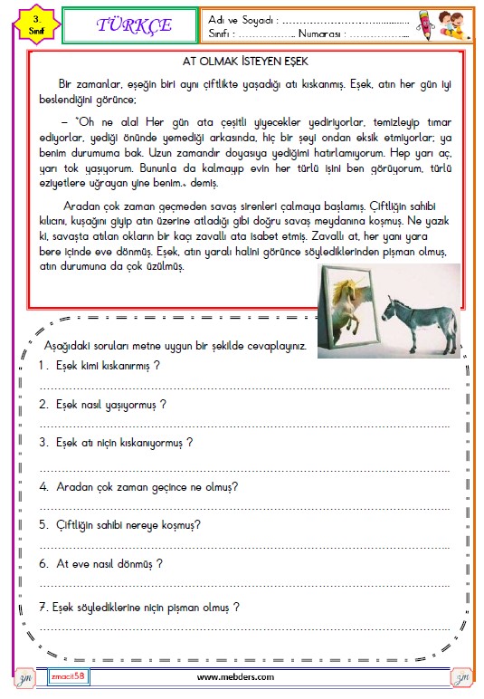 3. Sınıf Türkçe Okuma ve Anlama Etkinliği ( At Olmak İsteyen Eşek )