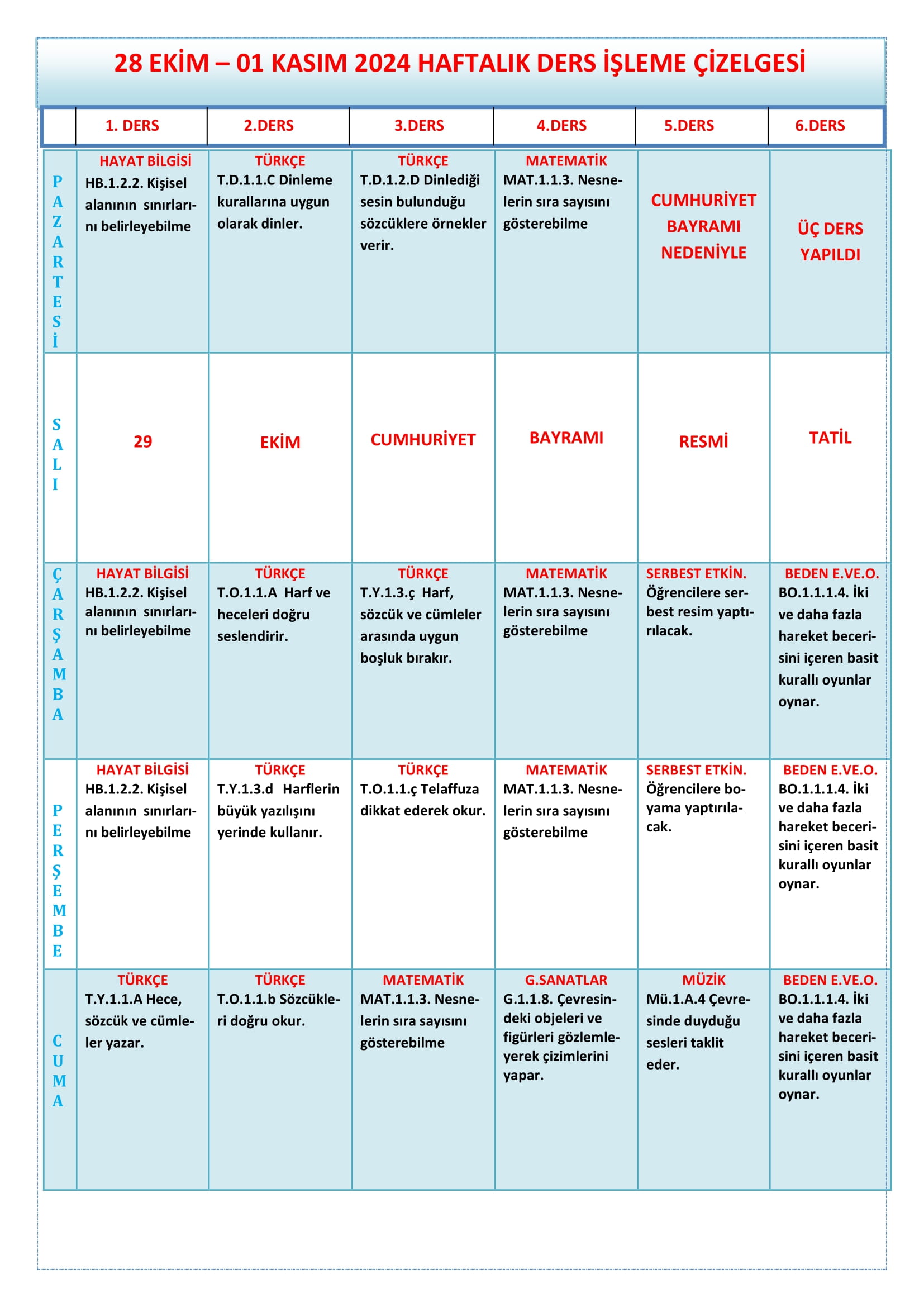 1.Sınıf 28 Ekim - 01 Kasım 2024 Haftalık Ders İşleme Çizelgesi