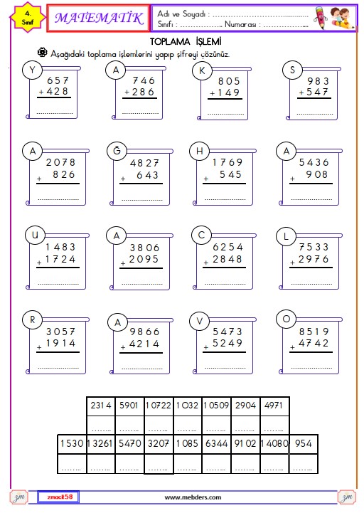 4. Sınıf Matematik Toplama İşlemi Etkinliği 1