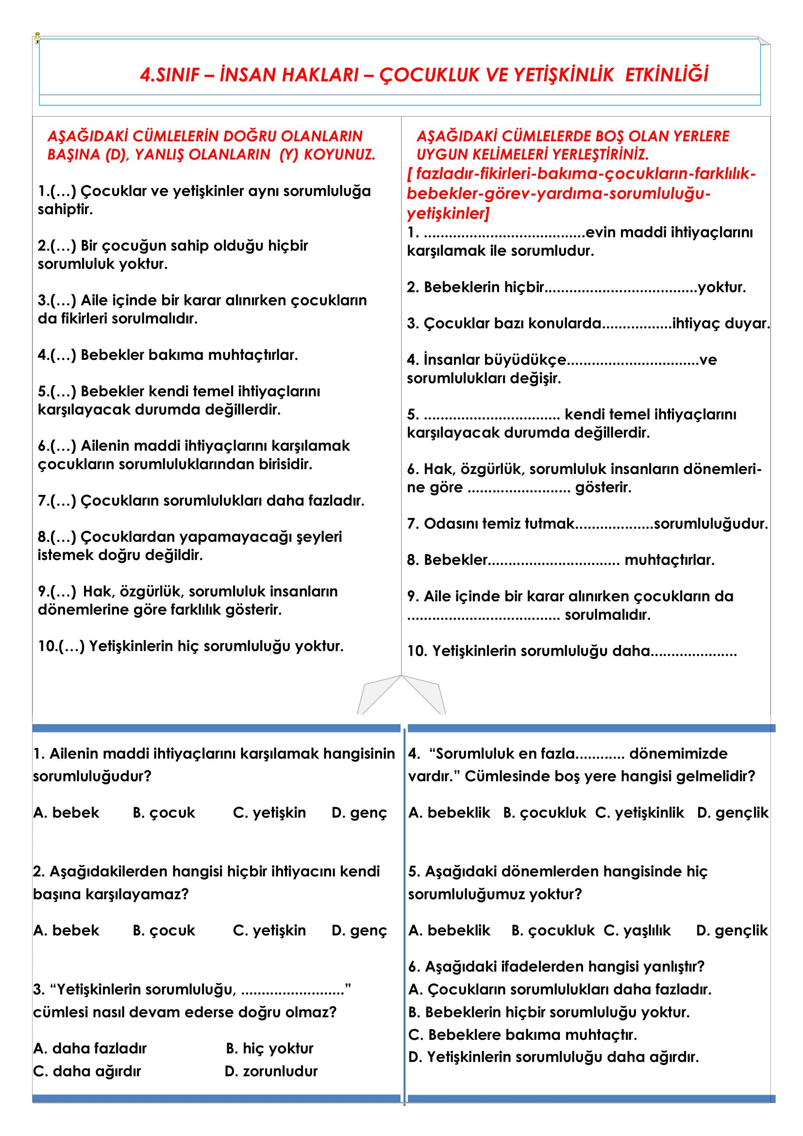 4.Sınıf - İnsan Hakları Çocukluk ve Yetişkinlik Etkinliği