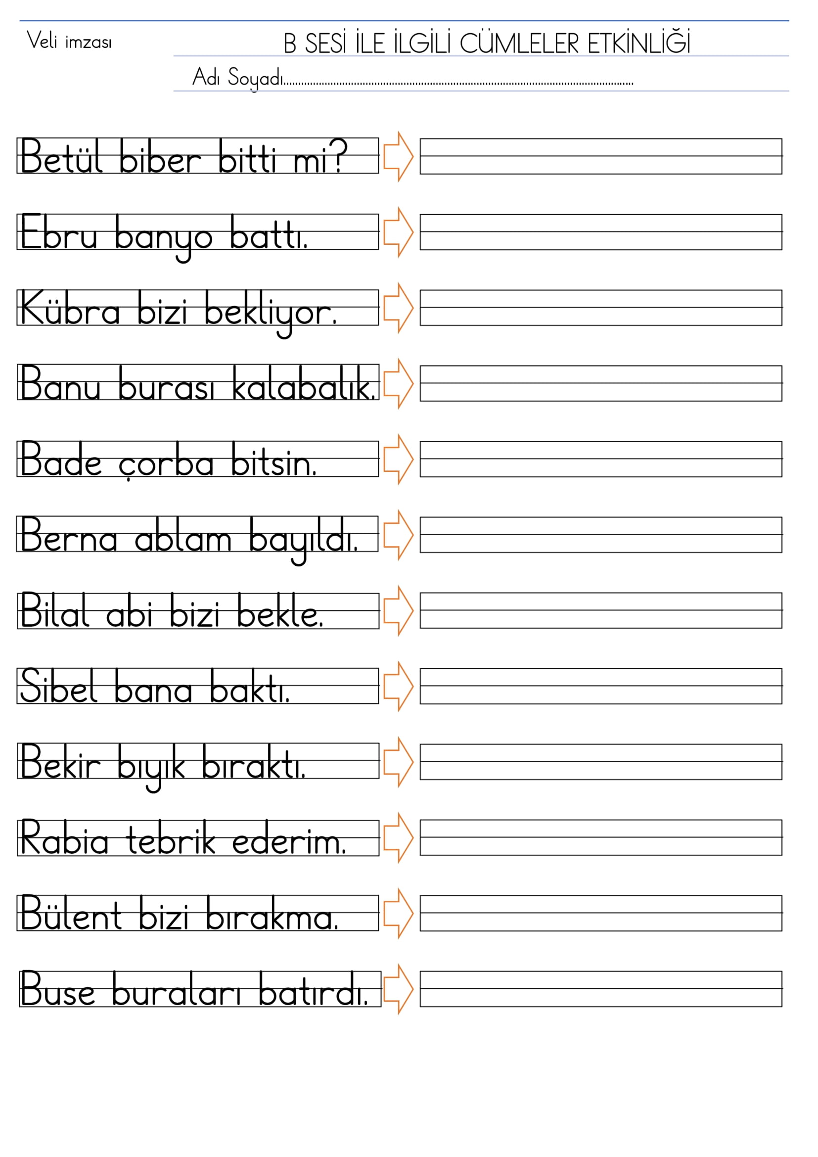 1.Sınıf İlk Okuma Yazma B Sesi Cümleler Etkinliği