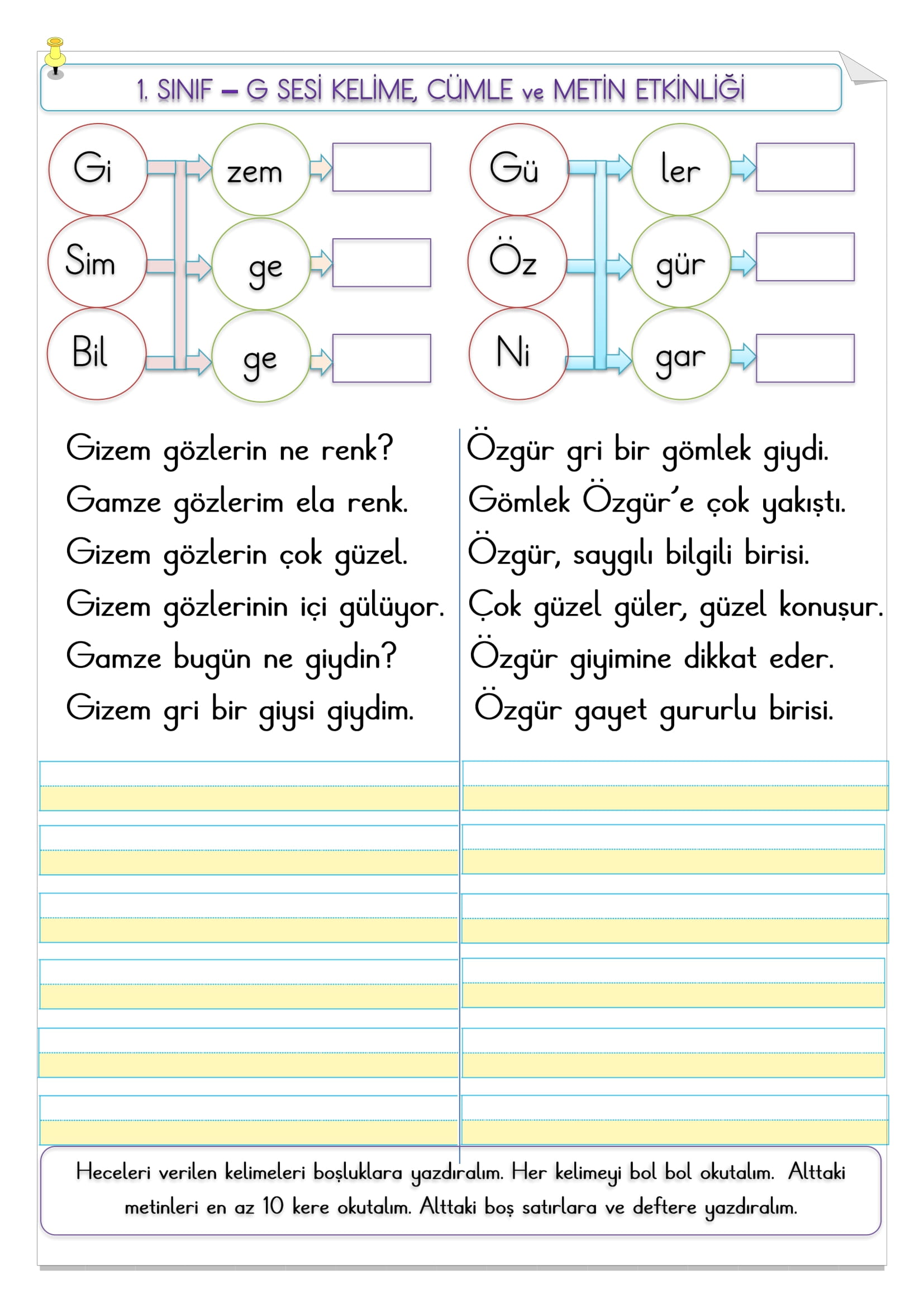 1.Sınıf İlk Okuma Yazma G Sesi Kelime, Cümle Ve Metin Etkinliği