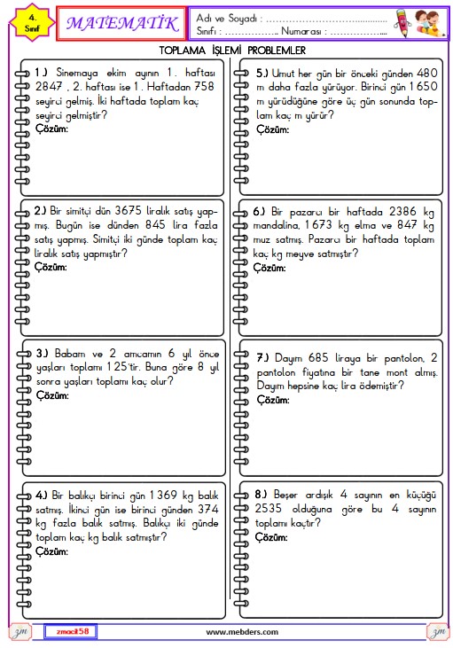 4. Sınıf Matematik Toplama İşlemi Problemler Etkinliği 2