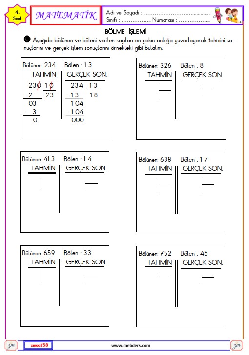 4. Sınıf Matematik Bölme İşleminin Sonucunu Tahmin Edelim Etkinliği 1