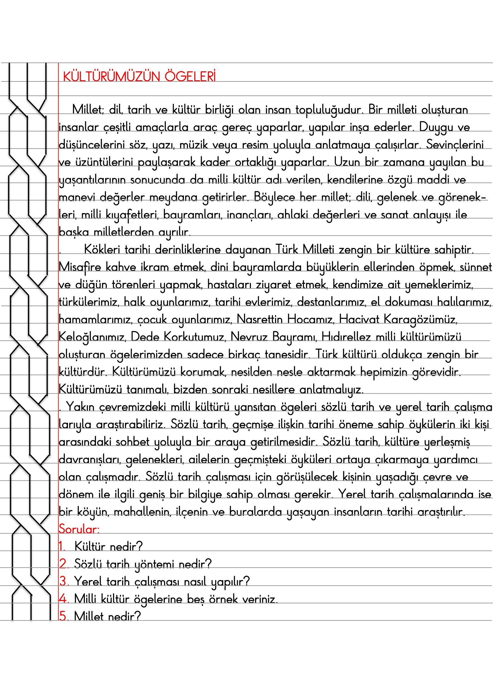 4.Sınıf - Sosyal Bilgiler - Kültürümüzün Ögeleri Defter Özeti