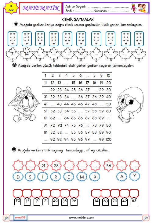 3. Sınıf Matematik Yedişer Ritmik Sayma Etkinliği