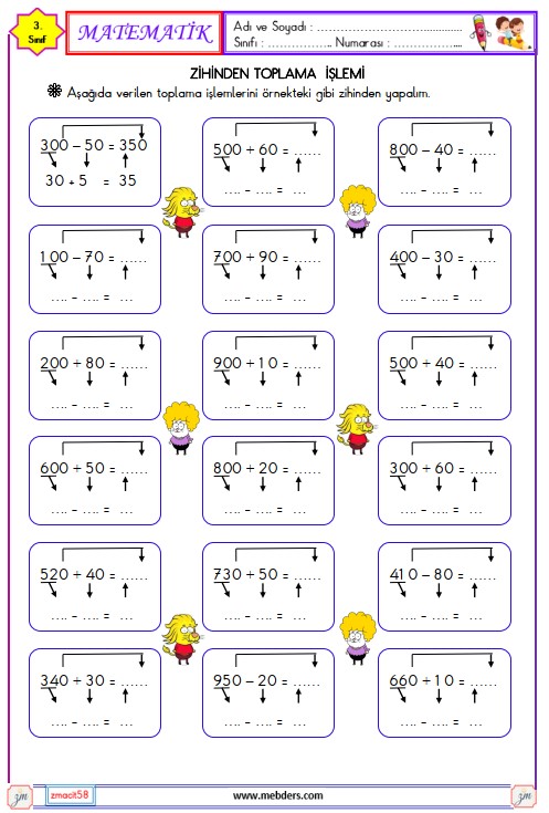 3. Sınıf Matematik Zihinden Toplama İşlemi Etkinliği 2