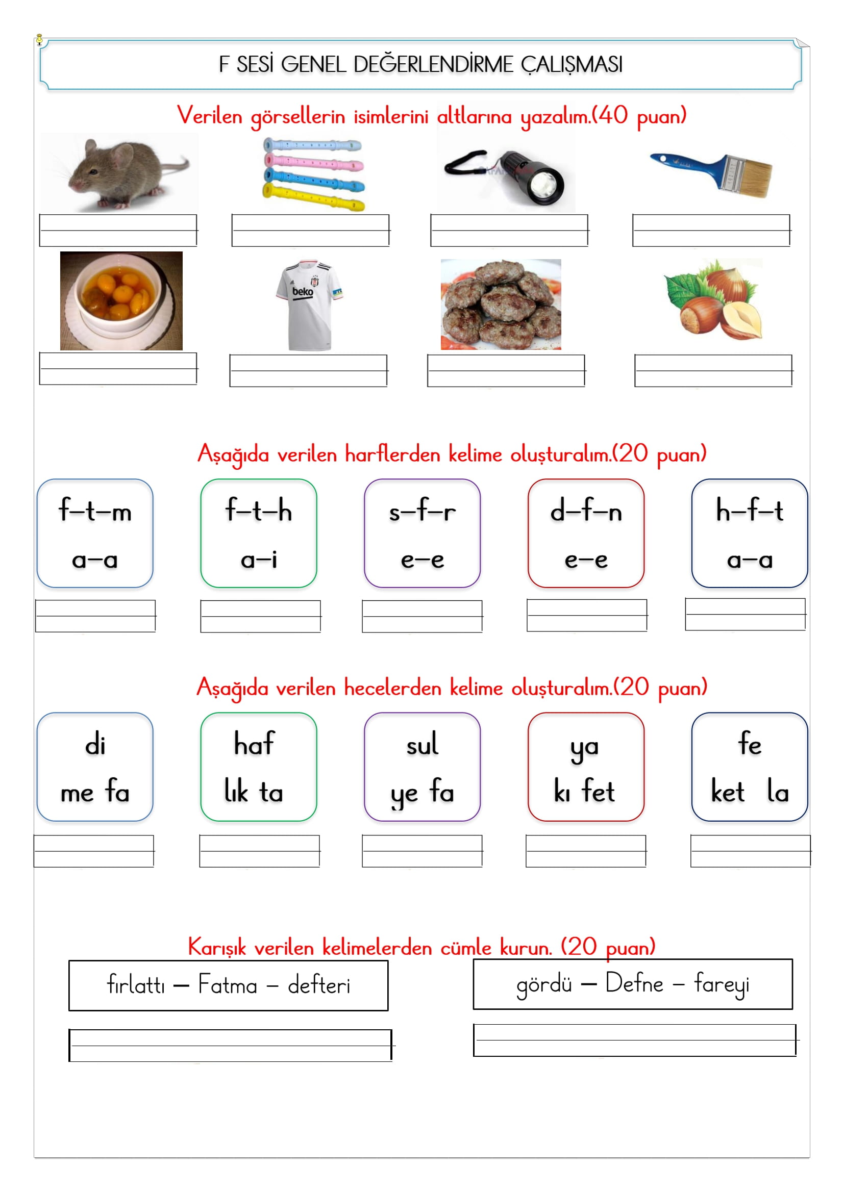 1.Sınıf İlk Okuma Yazma F Sesi Değerlendirme Çalışması 2