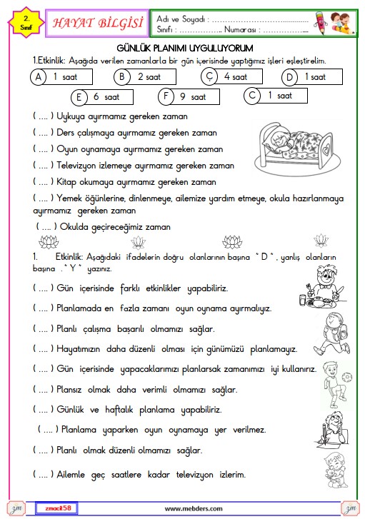 2. Sınıf Hayat Bilgisi  Günlük Planımı Uyguluyorum Etkinliği