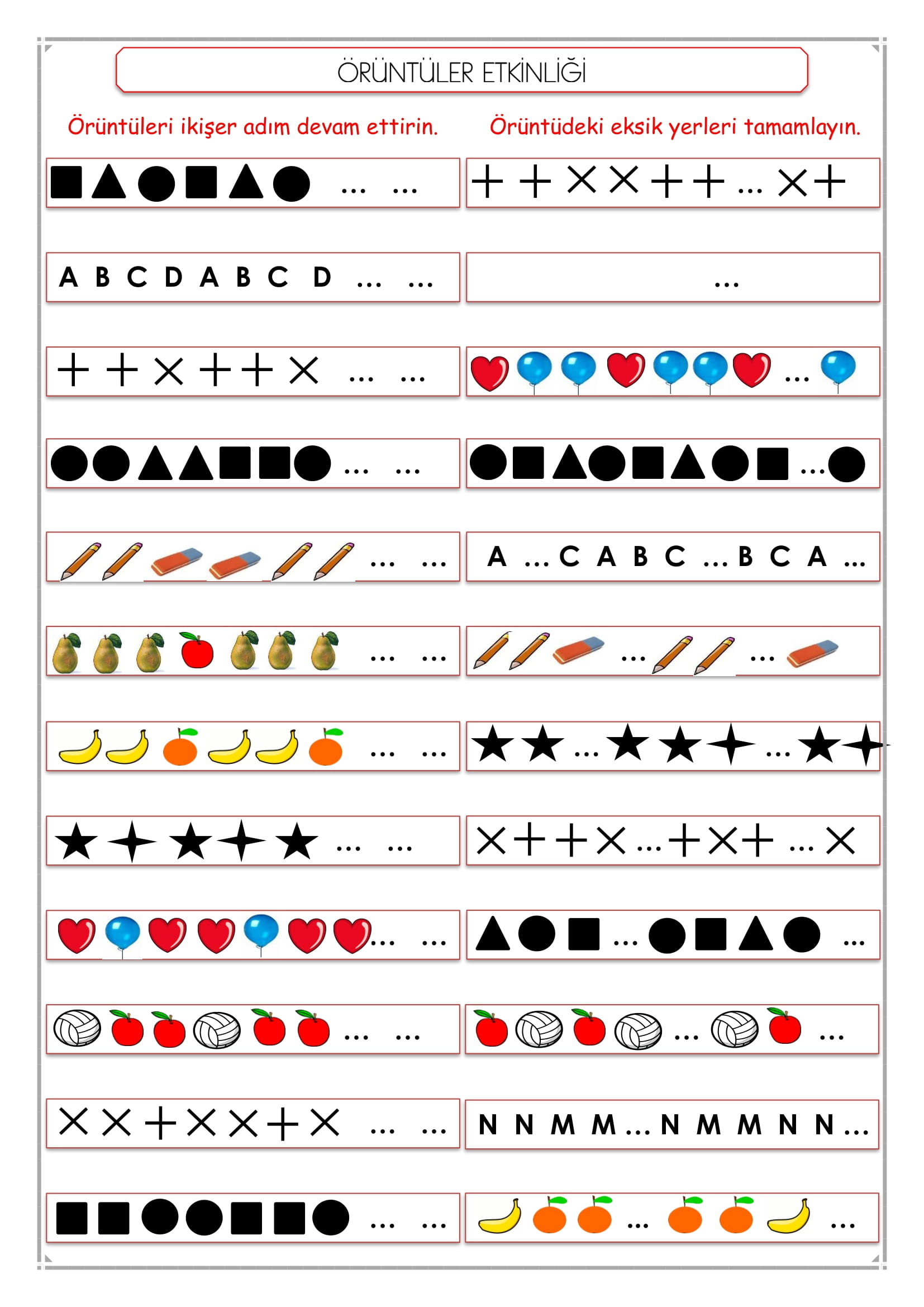 1.Sınıf Matematik Örüntüler Etkinliği -1