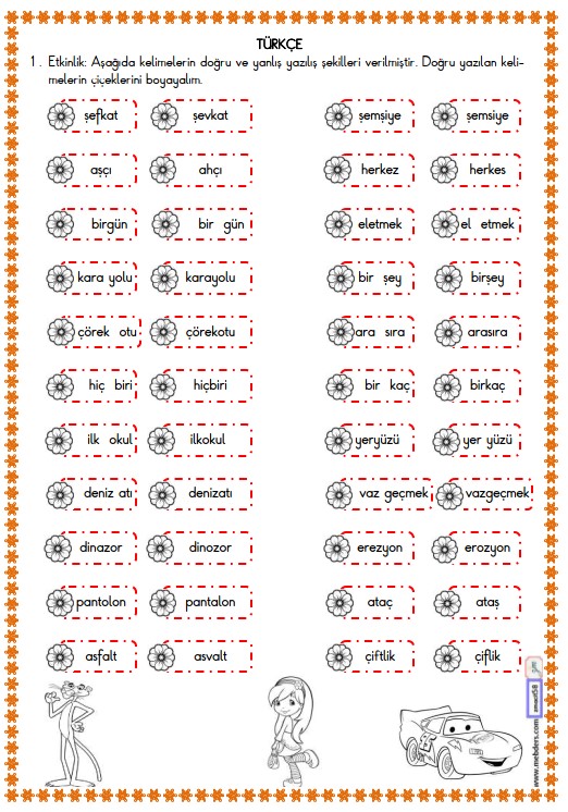 2. Sınıf Türkçe Yanlış Yazılan Kelimeler Etkinliği 5