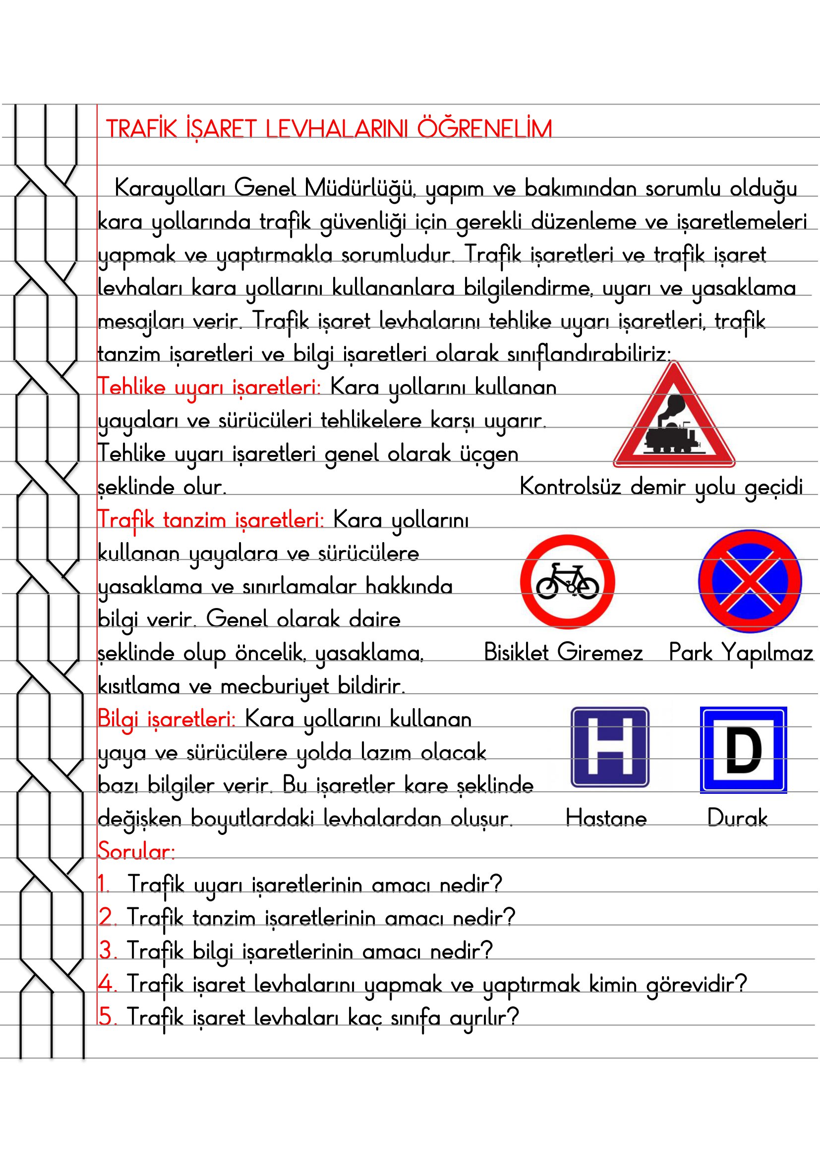 4.Sınıf Trafik Güvenliği Trafik İşaret Levhalarını Öğrenelim Defter Özeti