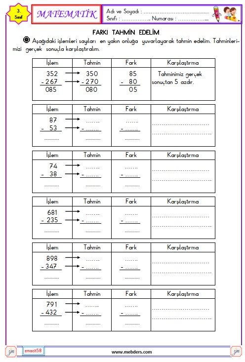 3. Sınıf Matematik Farkı Tahmin Edelim Etkinliği 3