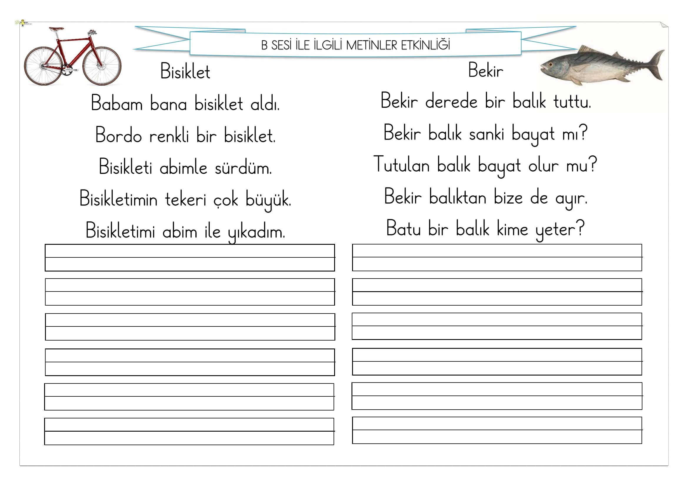 1.Sınıf İlk Okuma Yazma B Sesi Metinler Etkinliği